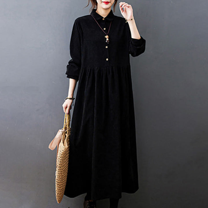 Vestido midi de pana de manga larga con bolsillos, diseño de Buddha Stones y botones otoñales. - image 6