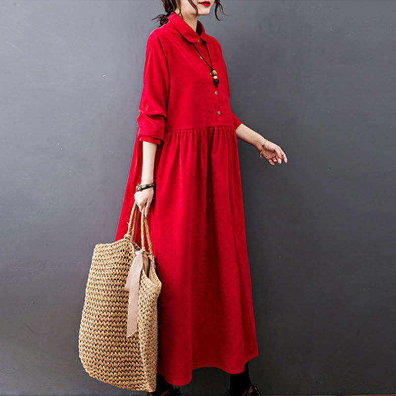 Vestido midi de pana de algodón de manga larga con diseño de Buddha Stones y bolsillos. - image 14