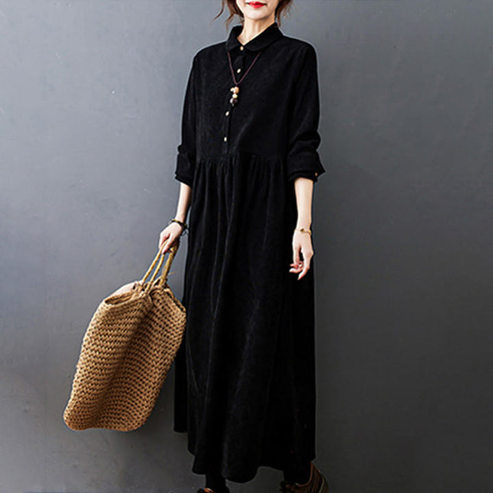 Vestido midi de pana de manga larga con bolsillos, diseño de Buddha Stones y botones otoñales. - image 7