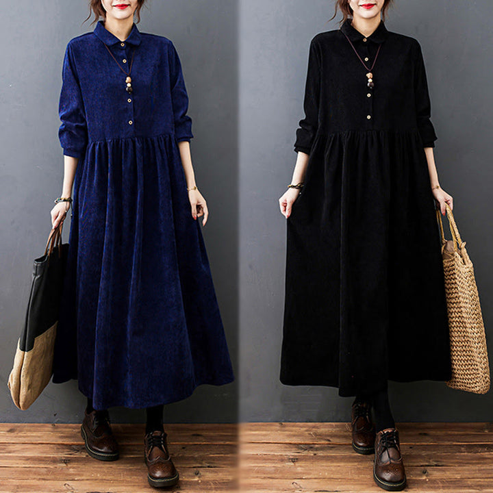Vestido midi de pana de algodón de manga larga con diseño de Buddha Stones y bolsillos. - image 26
