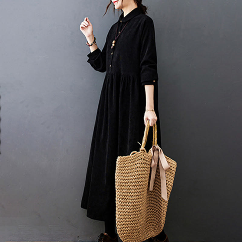 Vestido midi de pana de manga larga con bolsillos, diseño de Buddha Stones y botones otoñales. - image 8