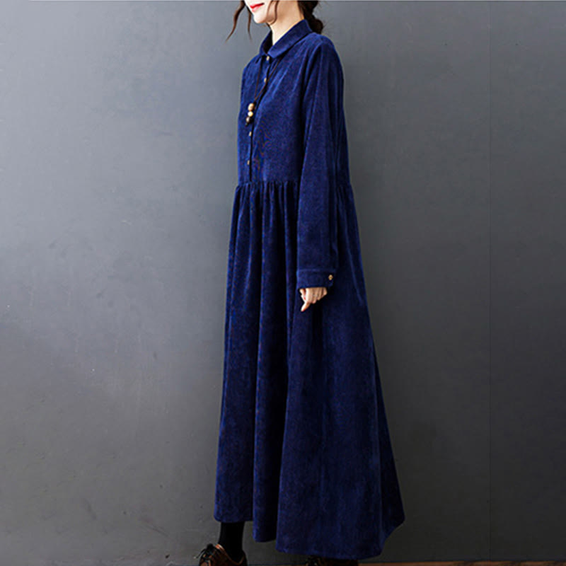 Vestido midi de pana de algodón de manga larga con diseño de Buddha Stones y bolsillos. - image 23