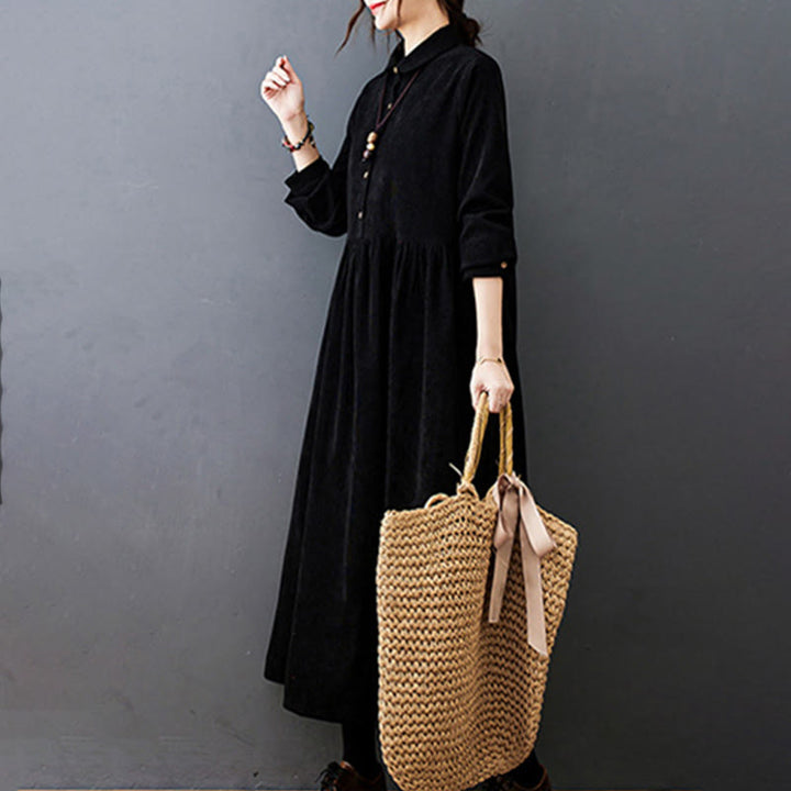 Vestido midi de pana de algodón de manga larga con diseño de Buddha Stones y bolsillos. - image 8