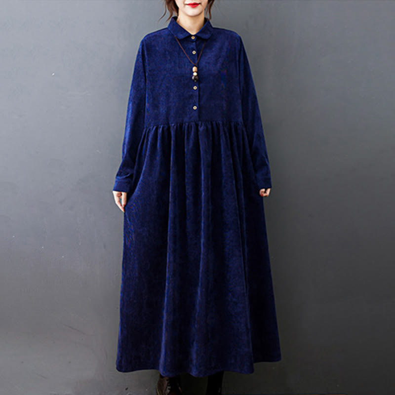 Vestido midi de pana de algodón de manga larga con diseño de Buddha Stones y bolsillos. - image 22