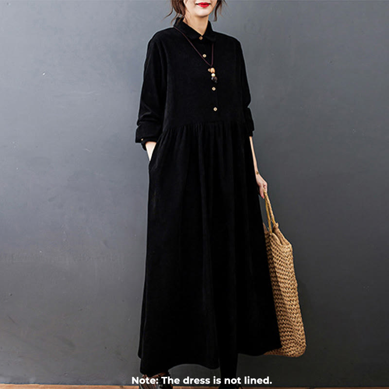 Vestido midi de pana de manga larga con bolsillos, diseño de Buddha Stones y botones otoñales. - image 1