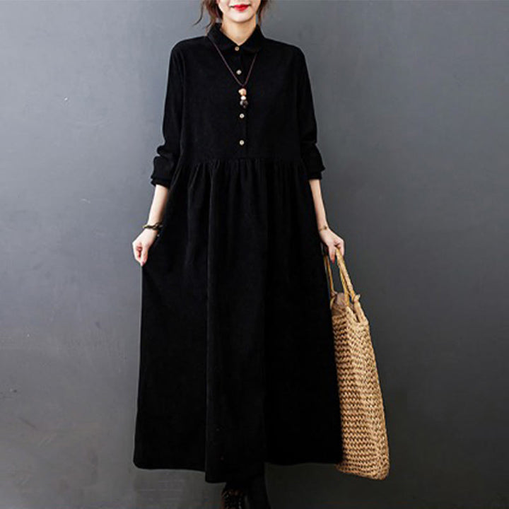 Vestido midi de pana de manga larga con bolsillos, diseño de Buddha Stones y botones otoñales. - Negro - US8-10，UK/AU12-14，EU40-42 (2XL) - image 0