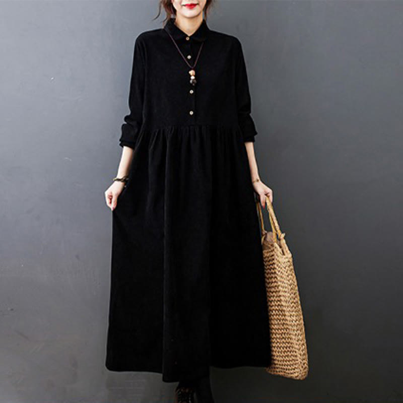 Vestido midi de pana de algodón de manga larga con diseño de Buddha Stones y bolsillos. - Negro - US8-10，UK/AU12-14，EU40-42 (2XL) - image 0
