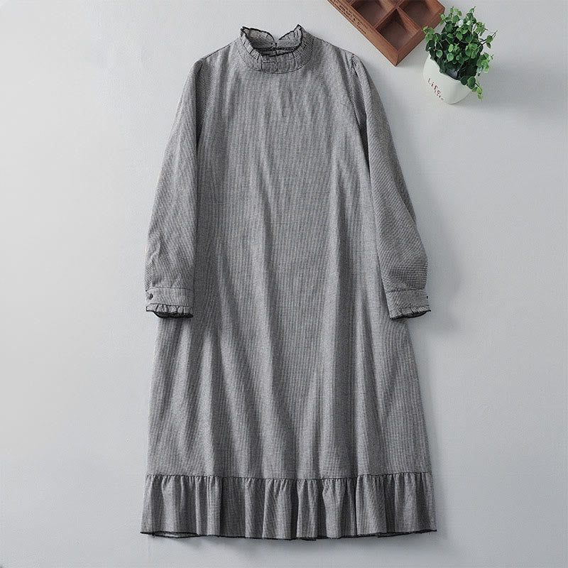 Vestido midi de algodón de manga larga con volantes, estampado a cuadros y bolsillos, plisado y con estampado de Buddha Stones - Negro - US8-10，UK/AU12-14，EU40-42 (2XL) - image 0