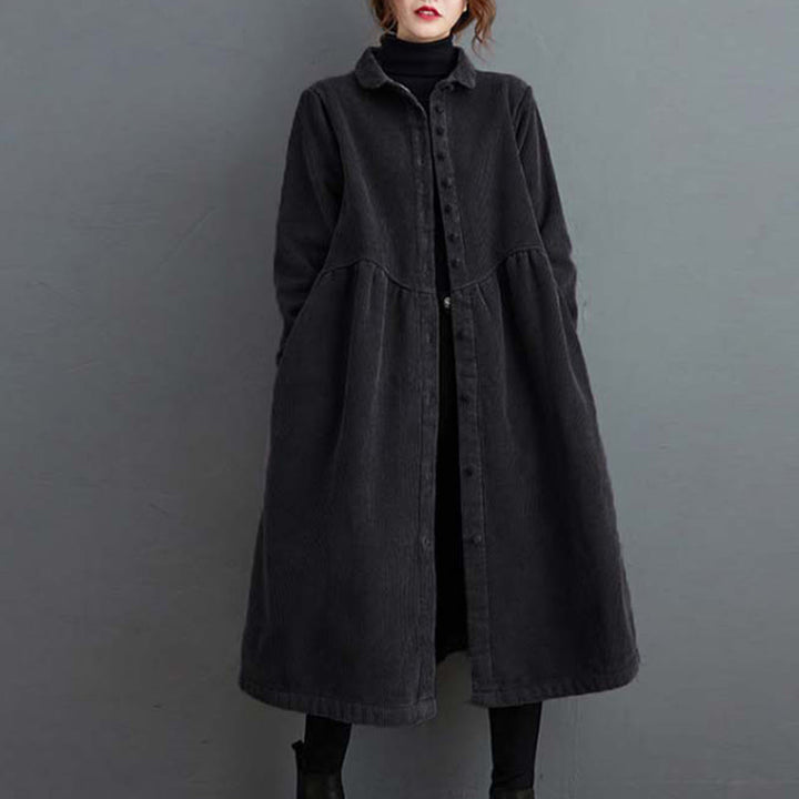 Abrigo de pana de algodón con botones lisos y manga larga para mujer, forrado con vellón y bolsillos , de Buddha Stones - Negro - US8-10，UK/AU12-14，EU40-42 (2XL) - image 0