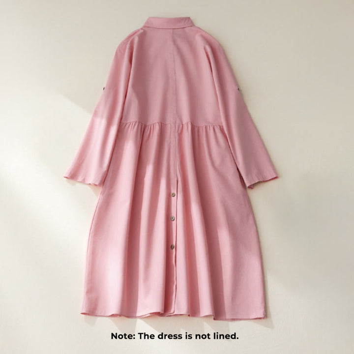 Vestido midi de algodón de manga larga con bolsillos y diseño casual de Buddha Stones para ir al trabajo con botones lisos - image 12