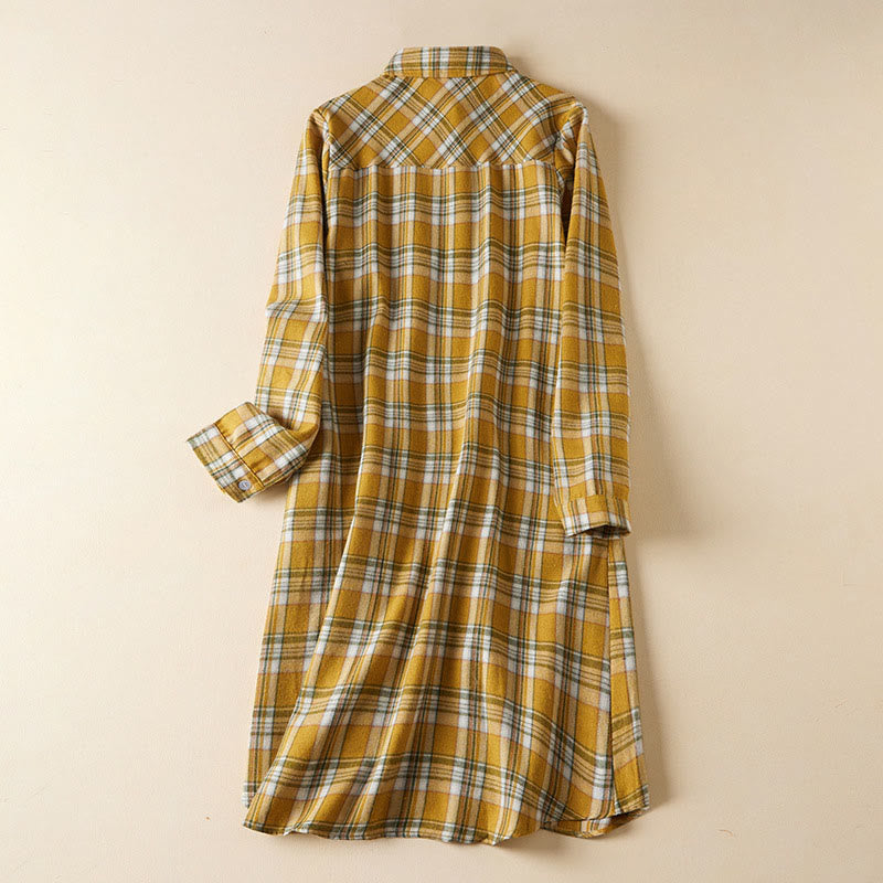 Vestido midi de algodón de manga larga con solapa y bolsillos, estampado a cuadros en contraste de colores primaverales con Buddha Stones - Oro - US8-10，UK/AU12-14，EU40-42 (2XL) - image 10