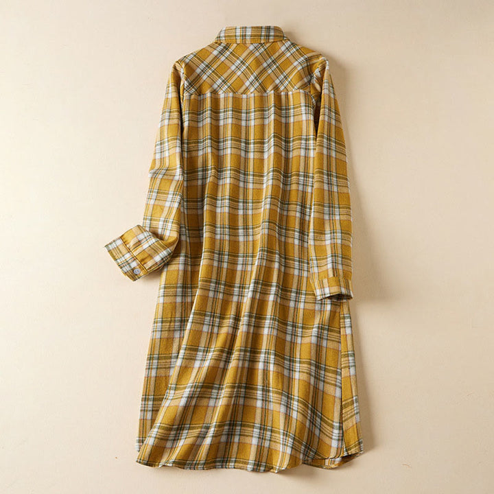 Vestido midi de algodón de manga larga con solapa y bolsillos, estampado a cuadros en contraste de colores primaverales con Buddha Stones - Oro - US8-10，UK/AU12-14，EU40-42 (2XL) - image 10