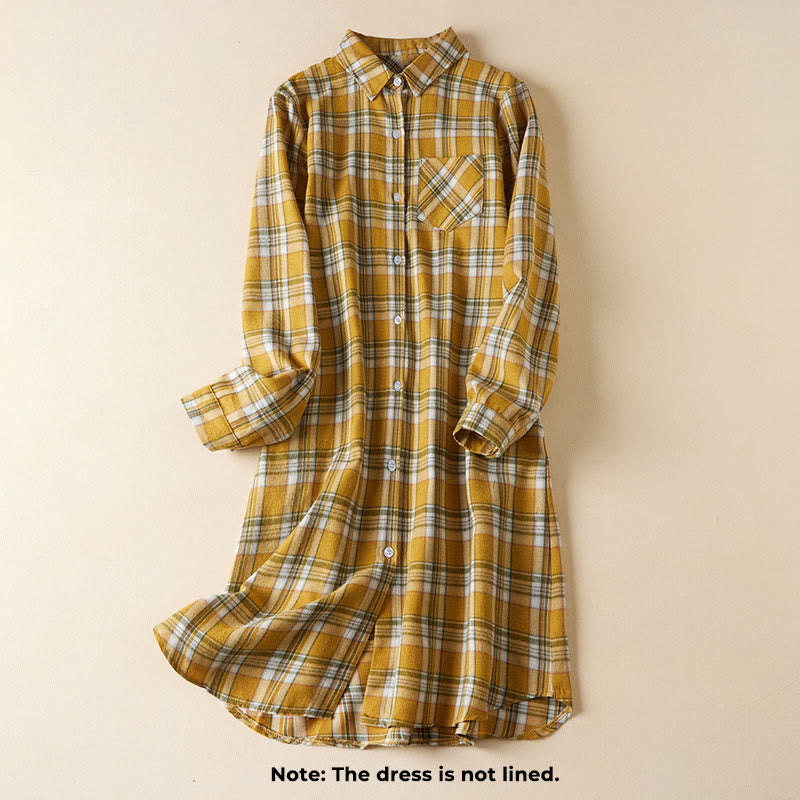 Vestido midi de algodón de manga larga con solapa y bolsillos, estampado a cuadros en contraste de colores primaverales con Buddha Stones - image 11