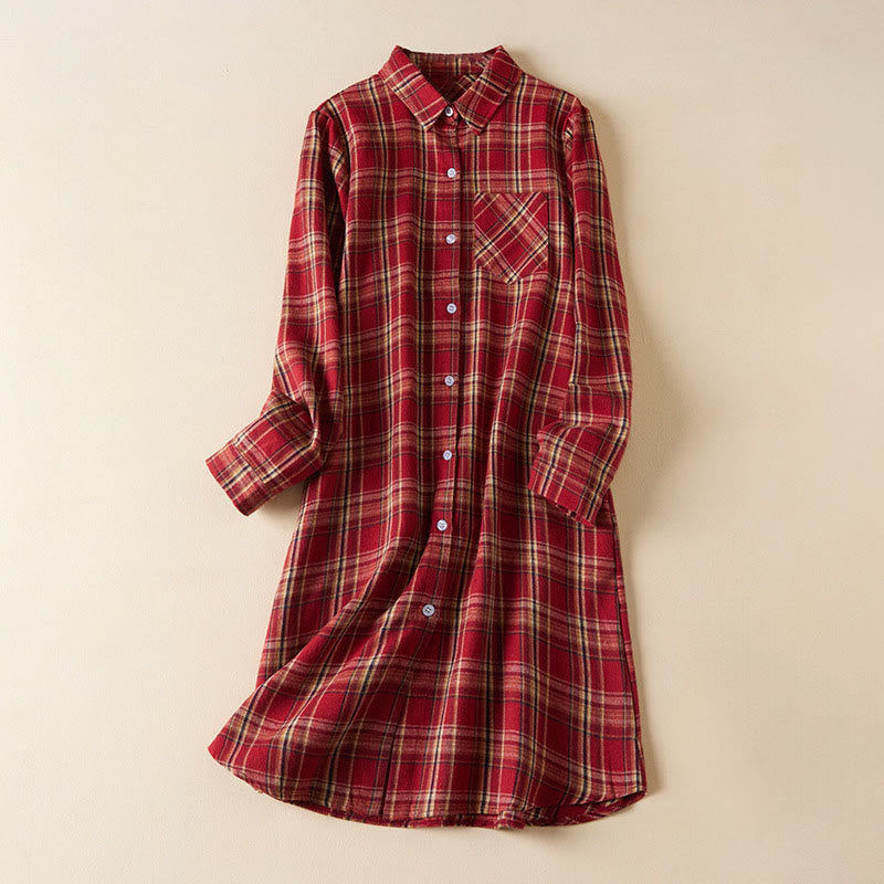 Vestido midi de algodón de manga larga con solapa y bolsillos, estampado a cuadros en contraste de colores primaverales con Buddha Stones - Carmesí - US8-10，UK/AU12-14，EU40-42 (2XL) - image 0
