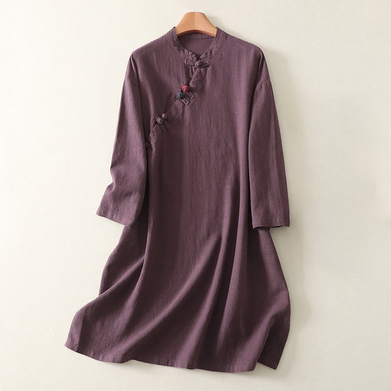 Vestido midi de algodón de manga larga con diseño de rana y cierre diagonal de Buddha Stones Spring - Magenta oscuro - US12, UK/AU16, EU44 (2XL) - image 1