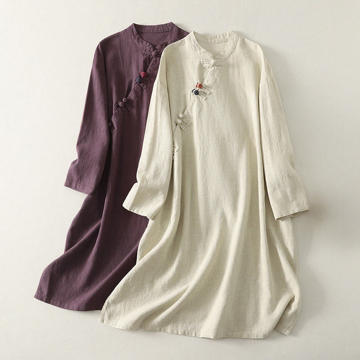 Vestido midi de algodón de manga larga con diseño de rana y cierre diagonal de Buddha Stones Spring - image 0