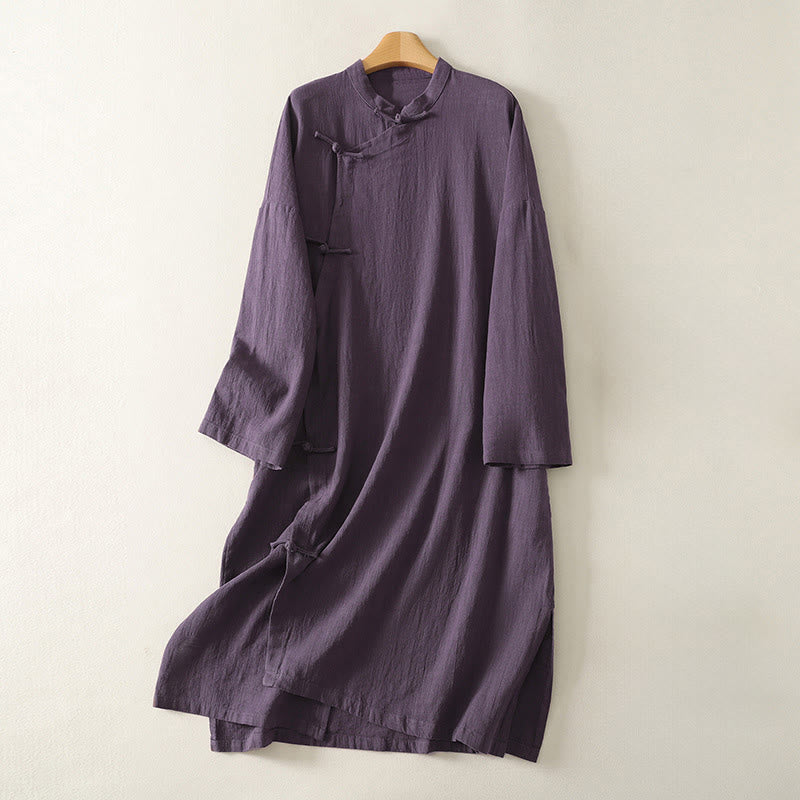 Vestido midi de lino y algodón de manga larga con diseño asimétrico, botones de rana y estilo vintage de Buddha Stones - Púrpura - US12, UK/AU16, EU44 (2XL) - image 6