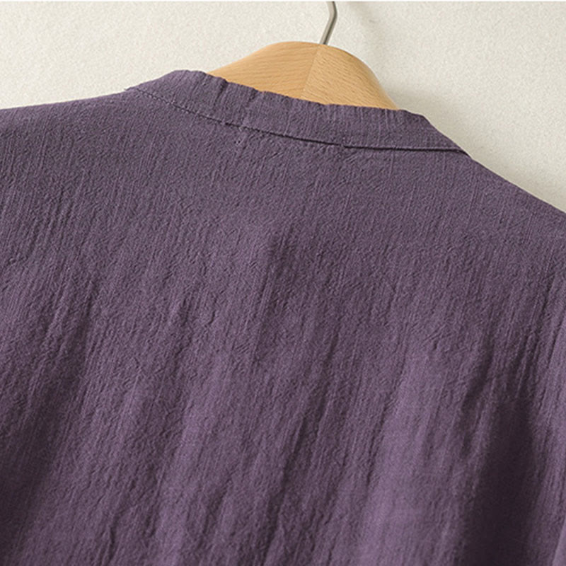 Vestido midi de lino y algodón de manga larga con diseño asimétrico, botones de rana y estilo vintage de Buddha Stones - image 9