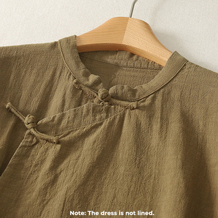 Vestido midi de lino y algodón de manga larga con diseño asimétrico, botones de rana y estilo vintage de Buddha Stones - image 2