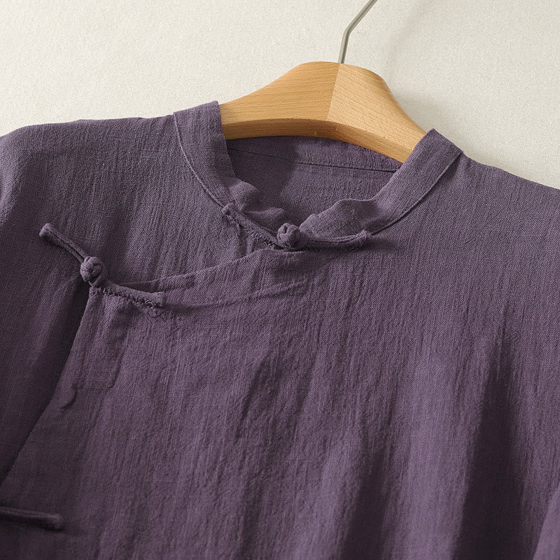 Vestido midi de lino y algodón de manga larga con diseño asimétrico, botones de rana y estilo vintage de Buddha Stones - image 8