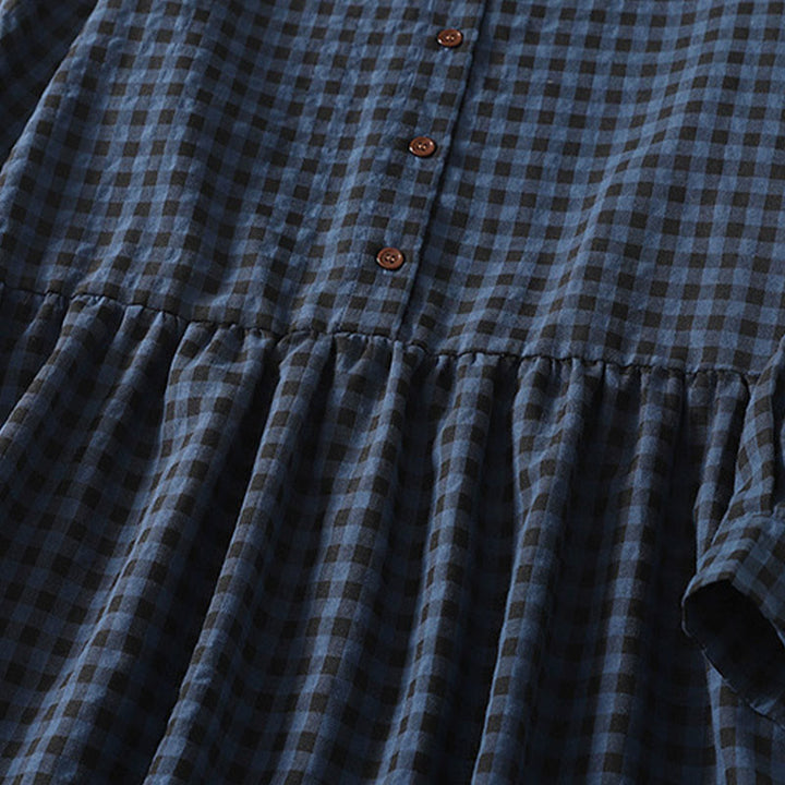 Vestido midi de lino y algodón con mangas largas abullonadas, estampado retro de Buddha Stones , con cuadros en contraste y bolsillos - image 4