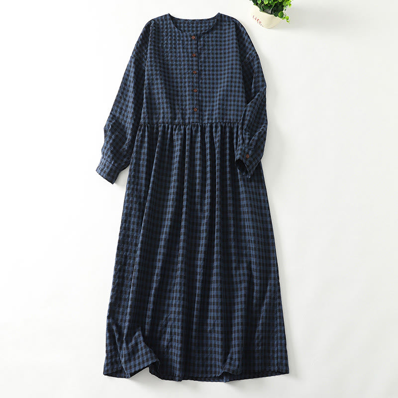 Vestido midi de lino y algodón con mangas largas abullonadas, estampado retro de Buddha Stones , con cuadros en contraste y bolsillos - Azul oscuro - US8-10，UK/AU12-14，EU40-42 (2XL) - image 0