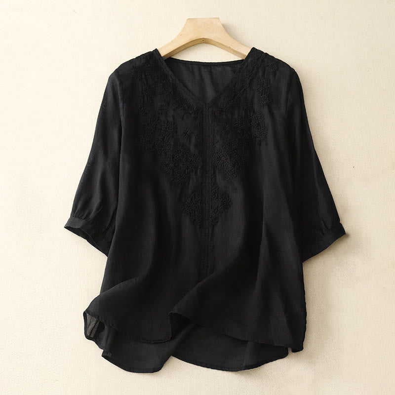 Camisa de mujer de media manga con cuello en V y bordado de líneas de Buddha Stones - Negro - US12, UK/AU16, EU44 (2XL) - image 12
