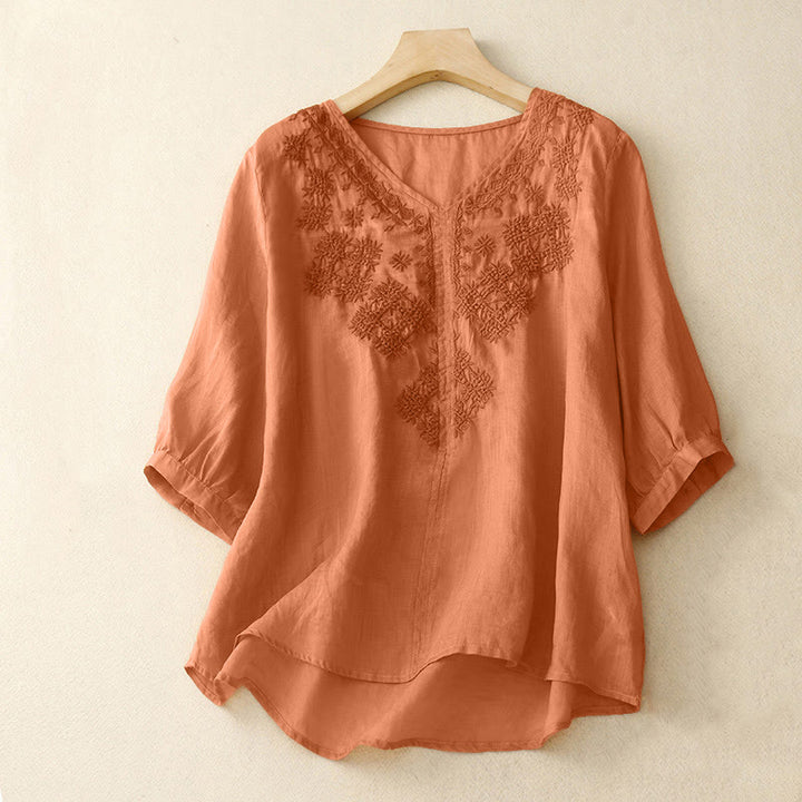 Camisa de mujer de media manga con cuello en V y bordado de líneas de Buddha Stones - SandyBrown - US12, UK/AU16, EU44 (2XL) - image 6