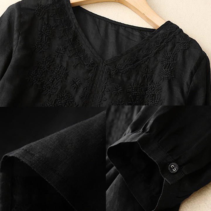 Camisa de mujer de media manga con cuello en V y bordado de líneas de Buddha Stones - image 13