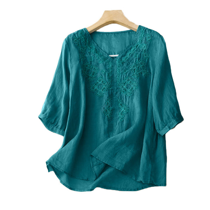 Camisa de mujer de media manga con cuello en V y bordado de líneas de Buddha Stones - image 5