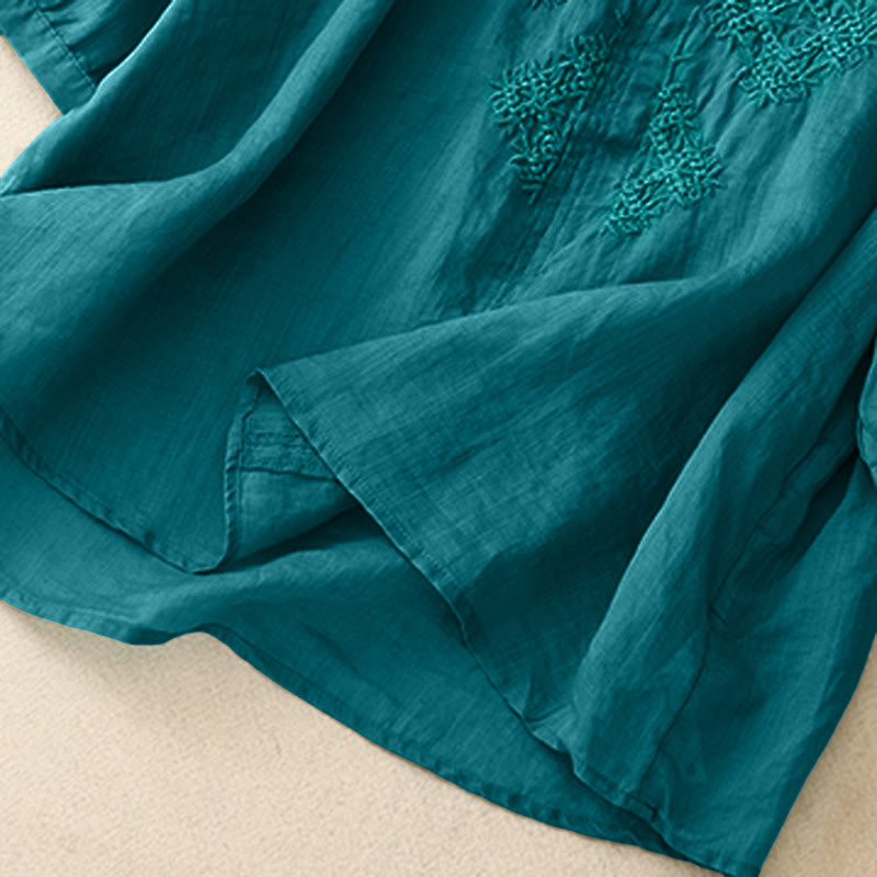 Camisa de mujer de media manga con cuello en V y bordado de líneas de Buddha Stones - image 3