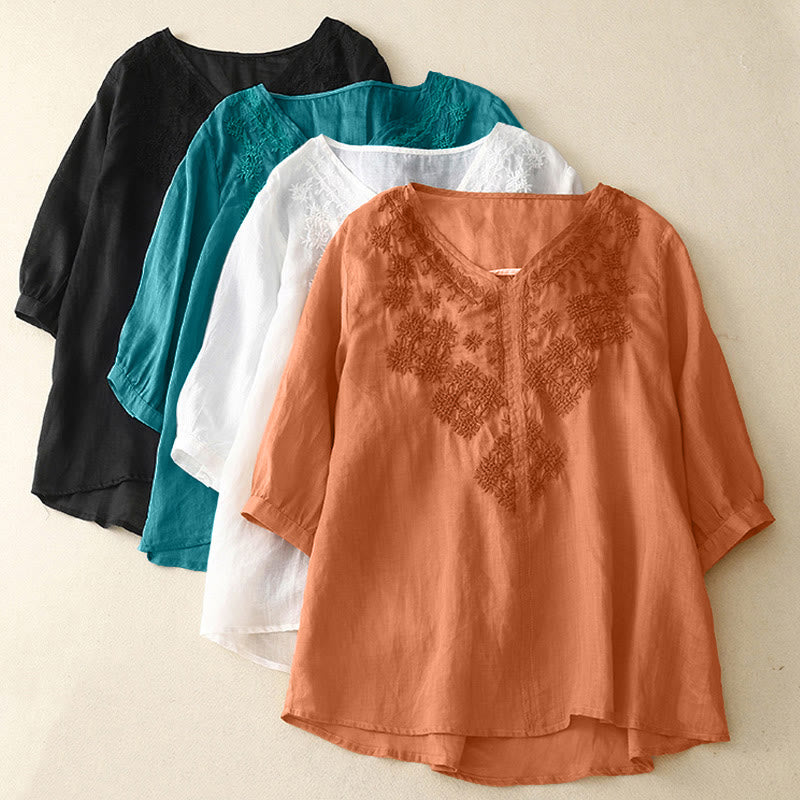Camisa de mujer de media manga con cuello en V y bordado de líneas de Buddha Stones - image 20
