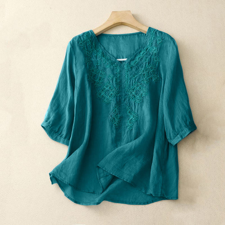 Camisa de mujer de media manga con cuello en V y bordado de líneas de Buddha Stones - Turquesa oscuro - US12, UK/AU16, EU44 (2XL) - image 1