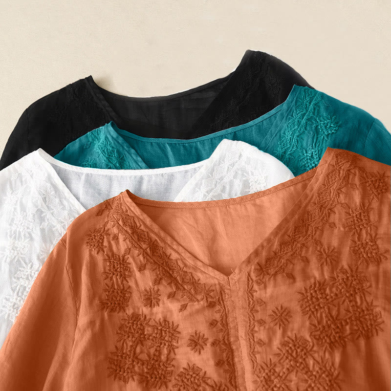 Camisa de mujer de media manga con cuello en V y bordado de líneas de Buddha Stones - image 21