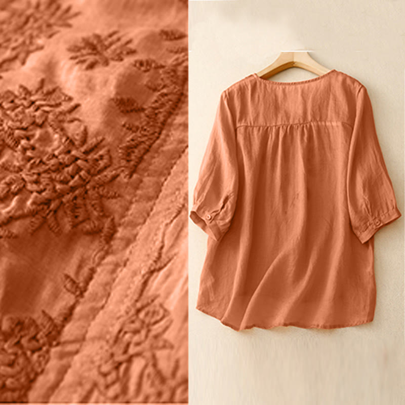 Camisa de mujer de media manga con cuello en V y bordado de líneas de Buddha Stones - image 10