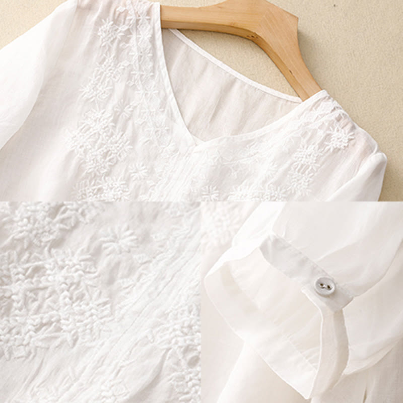 Camisa de mujer de media manga con cuello en V y bordado de líneas de Buddha Stones - image 17