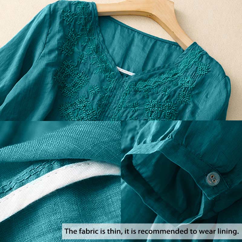 Camisa de mujer de media manga con cuello en V y bordado de líneas de Buddha Stones - image 1