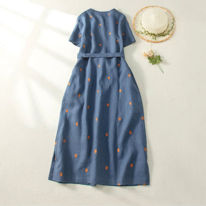 Vestido midi informal de Buddha Stones y algodón con estampado de lunares y mangas cortas, con cordones y bolsillos para mujer - image 1
