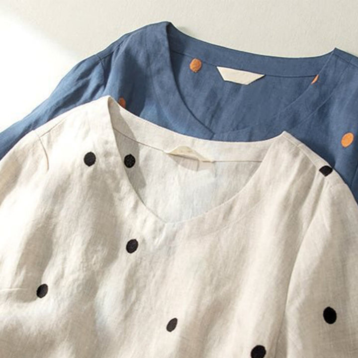 Vestido midi de mujer con estampado de puntos de Buddha Stones, manga corta, cordones y bolsillos. - image 10