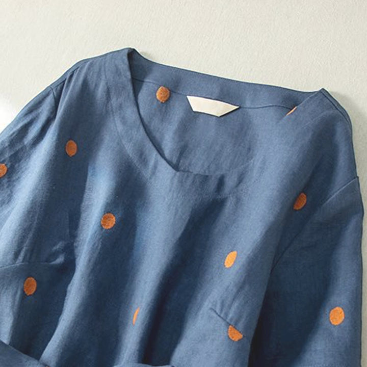 Vestido midi informal de Buddha Stones y algodón con estampado de lunares y mangas cortas, con cordones y bolsillos para mujer - image 4