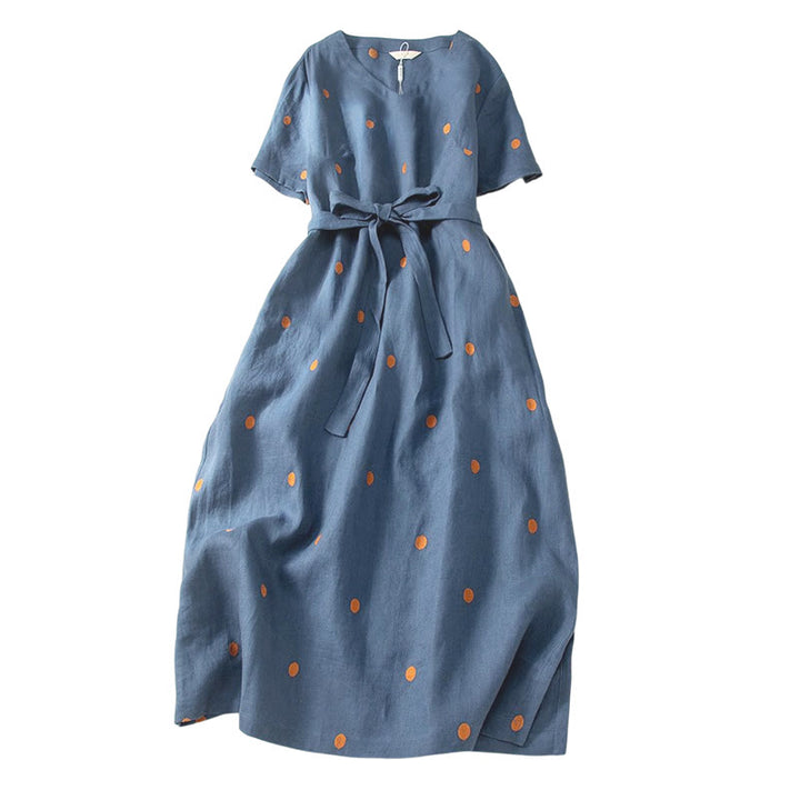 Vestido midi informal de Buddha Stones y algodón con estampado de lunares y mangas cortas, con cordones y bolsillos para mujer - image 6
