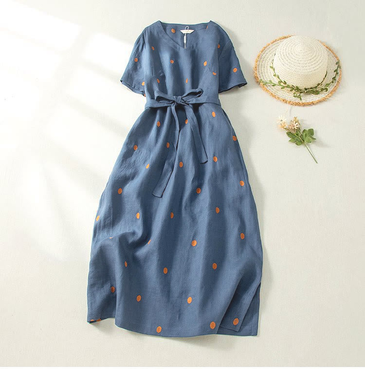 Vestido midi informal de Buddha Stones y algodón con estampado de lunares y mangas cortas, con cordones y bolsillos para mujer - Azul oscuro - US8-10，UK/AU12-14，EU40-42 (2XL) - image 0