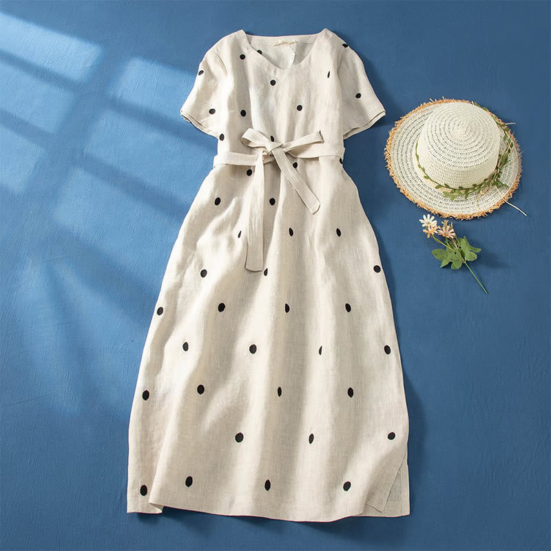 Vestido midi informal de Buddha Stones y algodón con estampado de lunares y mangas cortas, con cordones y bolsillos para mujer - Beige - US8-10，UK/AU12-14，EU40-42 (2XL) - image 7