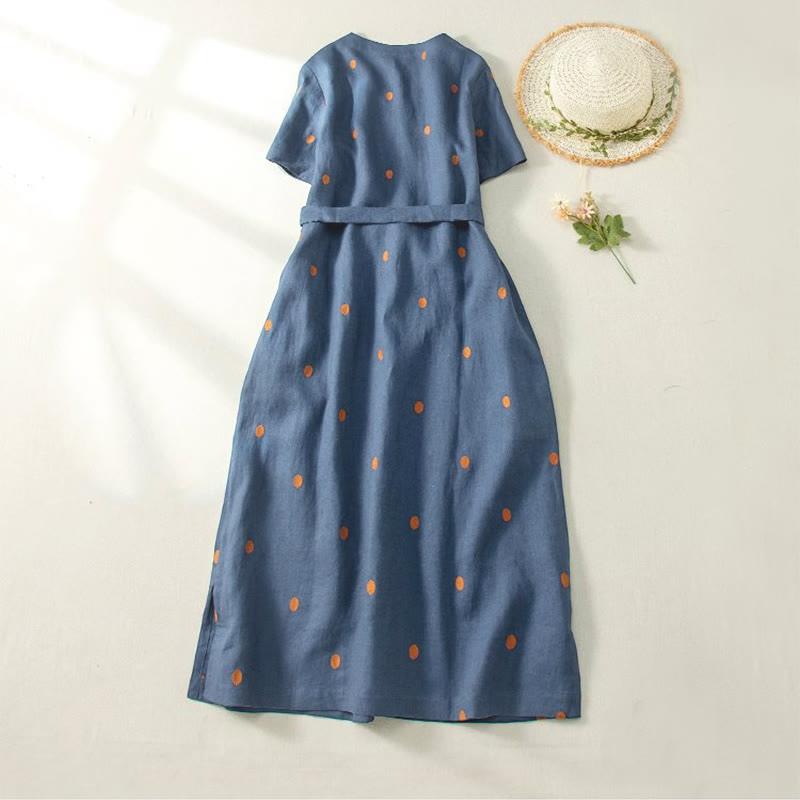 Vestido midi informal de Buddha Stones y algodón con estampado de lunares y mangas cortas, con cordones y bolsillos para mujer - image 1