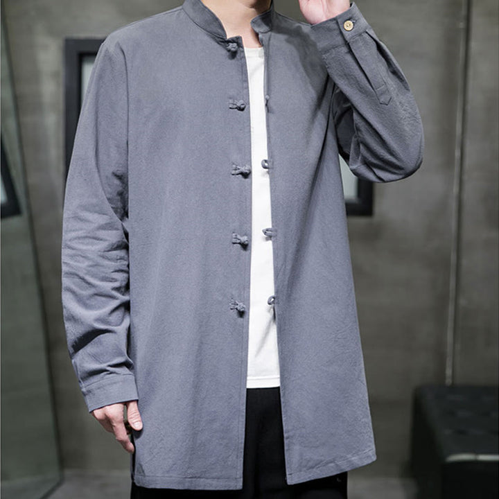 Camisa de manga larga de algodón para hombre, traje Tang sencillo con botones de rana y Buddha Stones - image 2