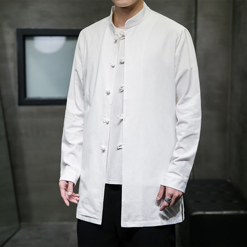 Camisa de manga larga de algodón para hombre, traje Tang sencillo con botones de rana y Buddha Stones - Blanco - US/UK/AU46, EU56 (5XL) - image 11