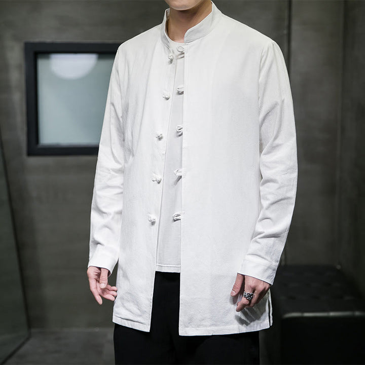 Camisa de manga larga de algodón para hombre, traje Tang sencillo con botones de rana y Buddha Stones - Blanco - US/UK/AU46, EU56 (5XL) - image 11