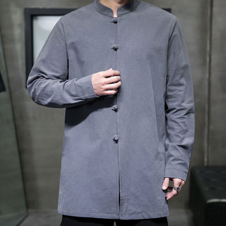 Camisa de manga larga de algodón para hombre, traje Tang sencillo con botones de rana y Buddha Stones - image 5