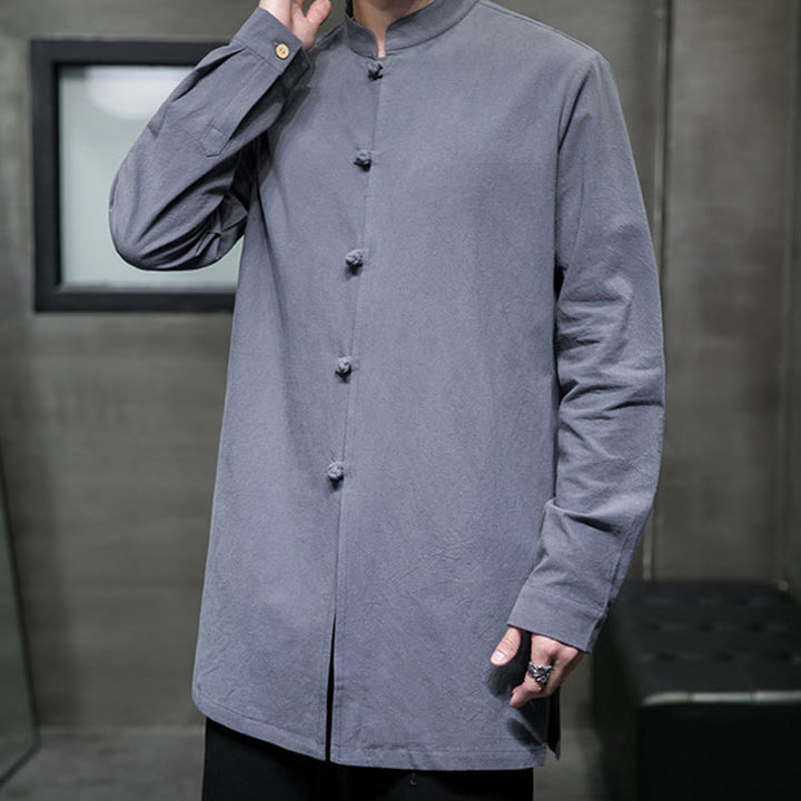 Camisa de manga larga de algodón para hombre, traje Tang sencillo con botones de rana y Buddha Stones - image 4