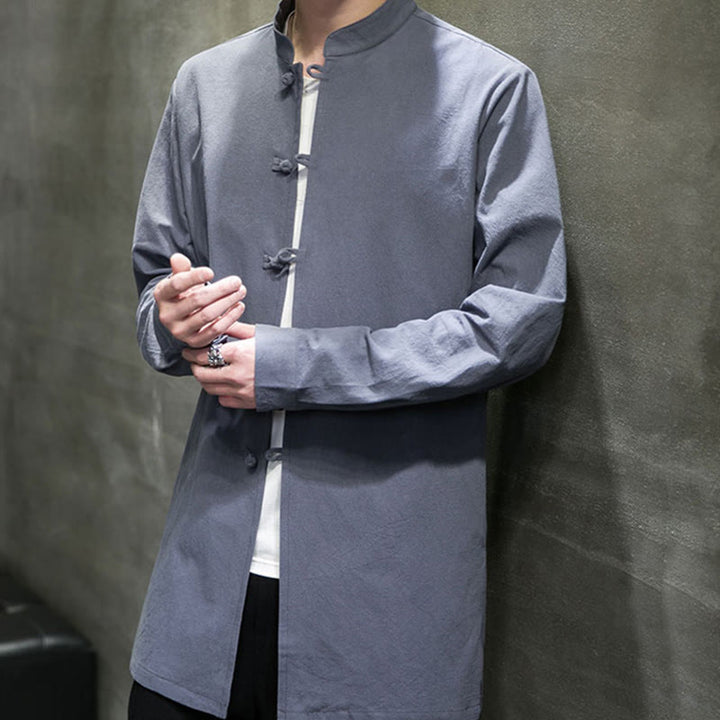Camisa de manga larga de algodón para hombre, traje Tang sencillo con botones de rana y Buddha Stones - image 9